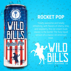 Wild Bill's lata Rocket Pop abierta con burbujeo leve que promete frescura inmediata