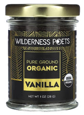 Wilderness Poets frasco delantero mostrando polvo de vainilla orgánico y aromático
