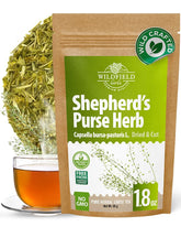 WILDFIELD HERBS vista frontal del paquete sellado con 50 g de Bolsa de Pastor, conserva aroma
