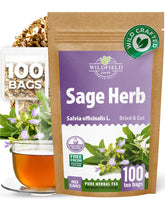 WILDFIELD HERBS caja frontal mostrando 100 bolsas y beneficio de conservación