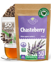 WILDFIELD HERBS vista frontal de la caja mostrando 50 bolsas y marca