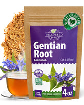 WILDFIELD HERBS empaque frontal de raíz de genciana, claridad del producto