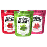 WILEY WALLABY vista frontal del empaque mostrando sabores y tamaño, conveniencia portátil