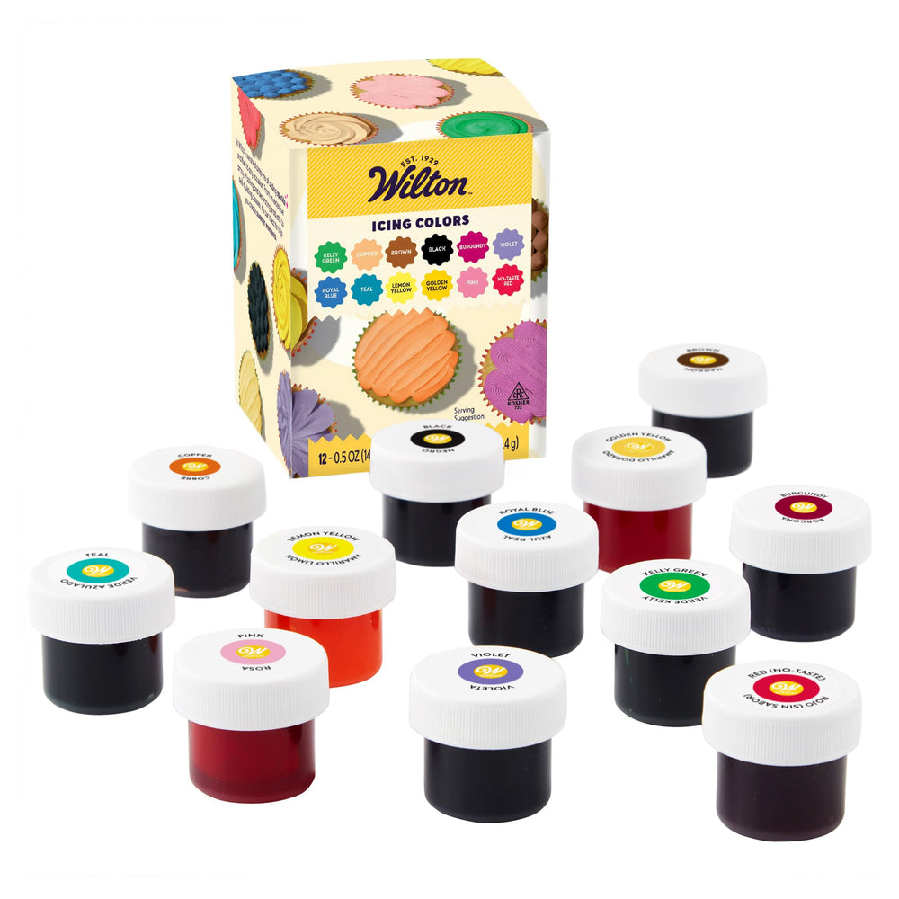 Wilton set frontal con los 12 frascos y colores vibrantes útil para repostería