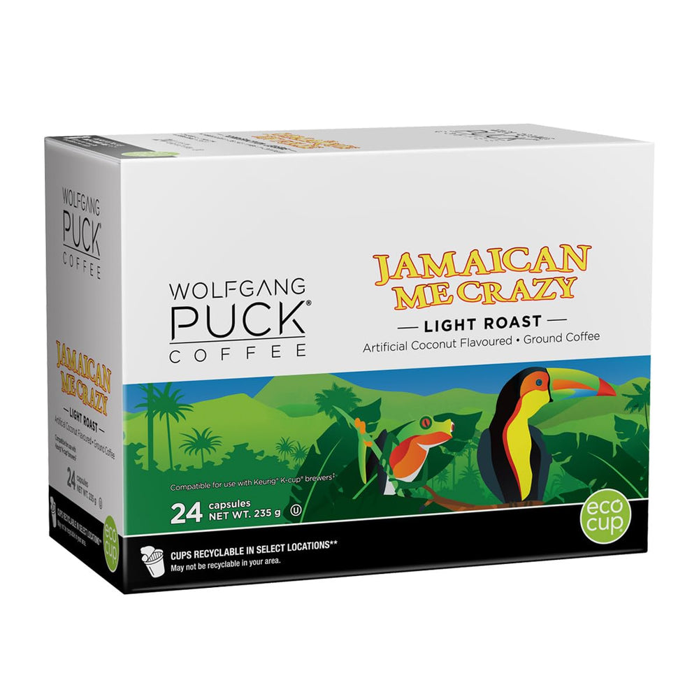 Wolfgang Puck frente de la caja Jamaican Me Crazy, empaque práctico y fresco