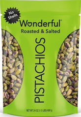 Wonderful Pistachios frente del empaque muestra bolsa resellable y cantidad