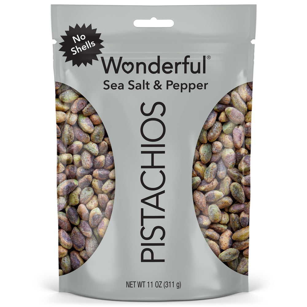 Wonderful Pistachios paquete frontal mostrando diseño y sello de calidad