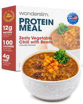 WonderSlim empaque frontal del Zesty Vegetable Chili mostrando porción y marca