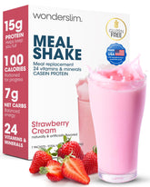 WonderSlim frente del empaque mostrando sabor fresa crema y conveniencia