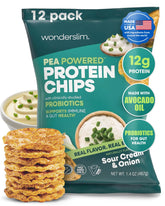 WonderSlim paquete frontal mostrando sabor Sour Cream & Onion y valor proteico