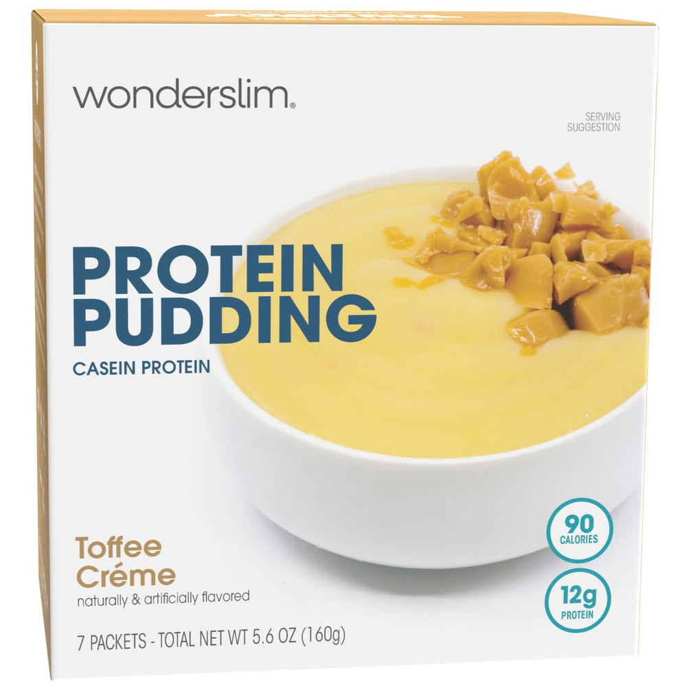 WonderSlim paquete frontal mostrando sabor Toffee Crème y porciones