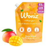 Woniz frente del empaque mostrando puré de mango fácil de verter