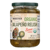 Woodstock Farms frasco frontal de relish de jalapeño orgánico mostrando etiqueta clara y tamaño