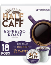 World's Best Half Caff caja frontal mostrando 18 cápsulas y beneficio de conveniencia