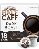 World's Best Half Caff caja frontal mostrando 18 cápsulas y beneficio de conveniencia