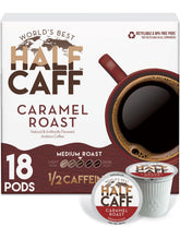 World's Best Half Caff cápsula frontal mostrando empaque y beneficio de sabor