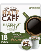 World's Best Half Caff paquete frontal que muestra 18 cápsulas y beneficio práctico