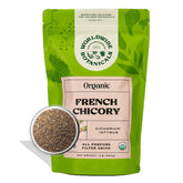 Worldwide Botanicals empaque frontal de achicoria orgánica mostrando la marca y beneficio de infusión