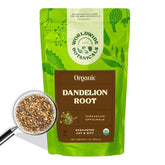 Worldwide Botanicals paquete frontal de raíz de diente de león orgánica mostrando etiqueta clara