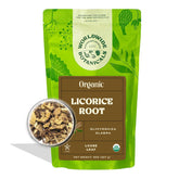 Worldwide Botanicals frasco delantero mostrando raíz de regaliz orgánica y frescura