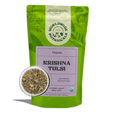 Worldwide Botanicals frontal del envase mostrando tulsi orgánico y comercio justo