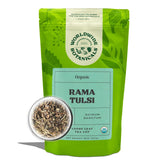 Worldwide Botanicals paquete frontal Tulsi Rama mostrando etiqueta y origen orgánico