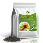 Wu Mountain Tea frente del paquete mostrando tamaño y sello orgánico