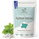 Xylify Happy Teeth envase frontal mostrando mints y cantidad 245 ventajas portátiles