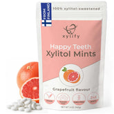 Xylify Happy Teeth tarro frontal mostrando 245 menta y diseño práctico