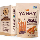 Yammy paquete frontal mostrando cinco bolsitas individuales, fácil transporte