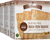 Yehuda empaque frontal de Matzo Squares cebolla tostada mostrando contenido y beneficios