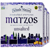 Yehuda paquete frontal de matzo finas sin sal mostrando tamaño y etiquetado kosher