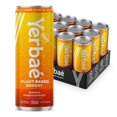 YERBAÉ lata Mango Passion Fruit vista frontal con diseño vibrante y beneficio energizante