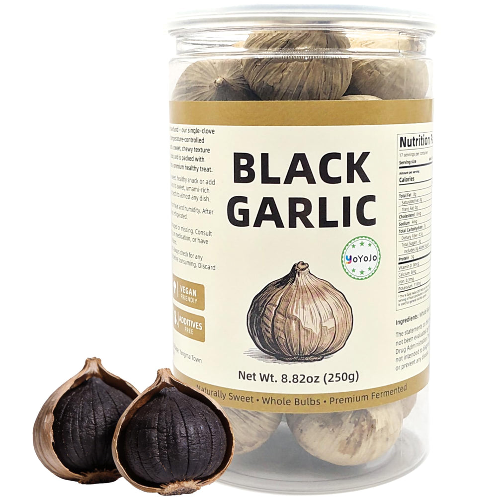 YoYoJo ajo negro envase frontal mostrando bulbos, conveniencia lista para comer