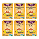 Yogi caja frontal Roasted Dandelion Spice mostrando diseño y beneficios