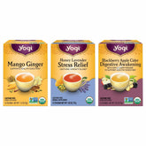 Yogi empaque frontal mostrando las tres mezclas y beneficios orgánicos