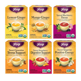 Yogi caja frontal mostrando variedad de sabores y beneficios orgánicos