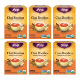Yogi packaging frontal que muestra chai rooibos orgánico y beneficios de sabor
