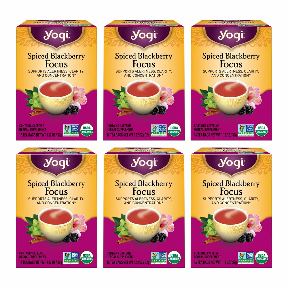 Yogi frontal del paquete Spiced Blackberry mostrando diseño y certificaciones orgánicas