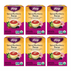 Yogi frontal del paquete Spiced Blackberry mostrando diseño y certificaciones orgánicas