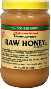 Y.S. Eco Bee Farms frasco frontal de 22 oz mostrando etiqueta y tamaño útil