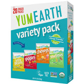 YumEarth caja variada frontal mostrando 20 paquetes individuales y beneficios