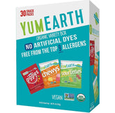 YumEarth frente de caja surtida mostrando variedades y beneficios orgánicos