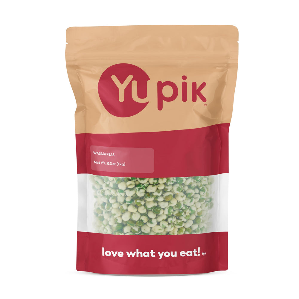 Yupik paquete frontal mostrando guisantes wasabi y diseño claro, ideal para identificar producto
