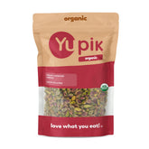 Yupik pistachos paquete frontal muestra peso y formato, conveniente