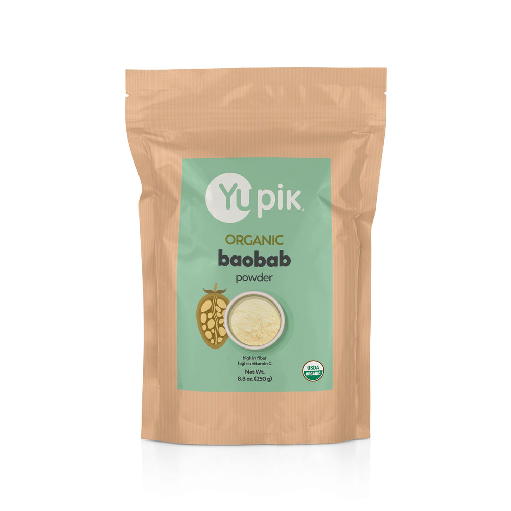 Yupik polvo de baobab envase frontal mostrando tamaño y certificaciones