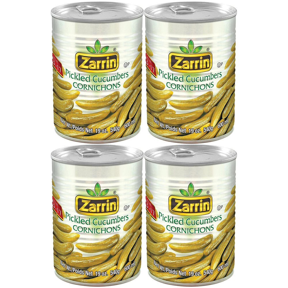 Zarrin envase frontal de cornichons mostrando etiqueta y peso útil