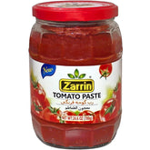 Zarrin frasco frontal de vidrio mostrando pasta de tomate, conserva sabor natural