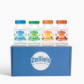 Zellie's envoltorio frontal del pack regalo mostrando los cuatro sabores y conveniencia