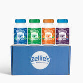 Zellie's frontal del pack mostrando los cuatro sabores y cantidad total, práctico para viajes